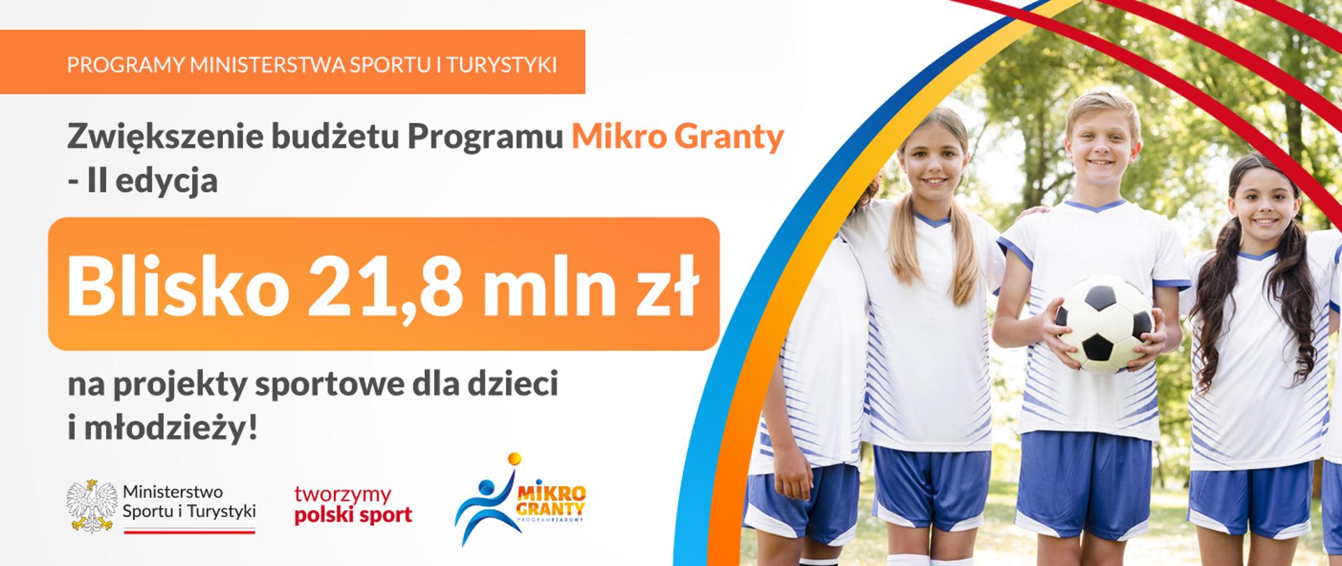 Grafika przedstawiająca programy ministerstwa sportu z tytułem: Zwiększenie budżetu Programu Mikro Granty - II edycja, blisko 21,8 miliona złotych na projekty sportowe dla dzieci i młodzieży. Po prawej stronie grafiki znajduje się zdjęcie uśmiechniętych dzieci ubranych w stroje sportowe. Na samym dole grafiki znajduje się logotyp ministerstwa sportu i turystyki wraz z hasłem tworzymy polski sport oraz logotyp Mikro Granty program rządowy.