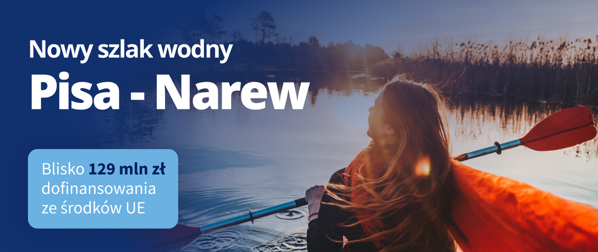 Na grafice zdjęcie kajakarki i napis Nowy szlak wodny Pisa-Narew blisko 129 mln zł dofinansowania ze środków UE