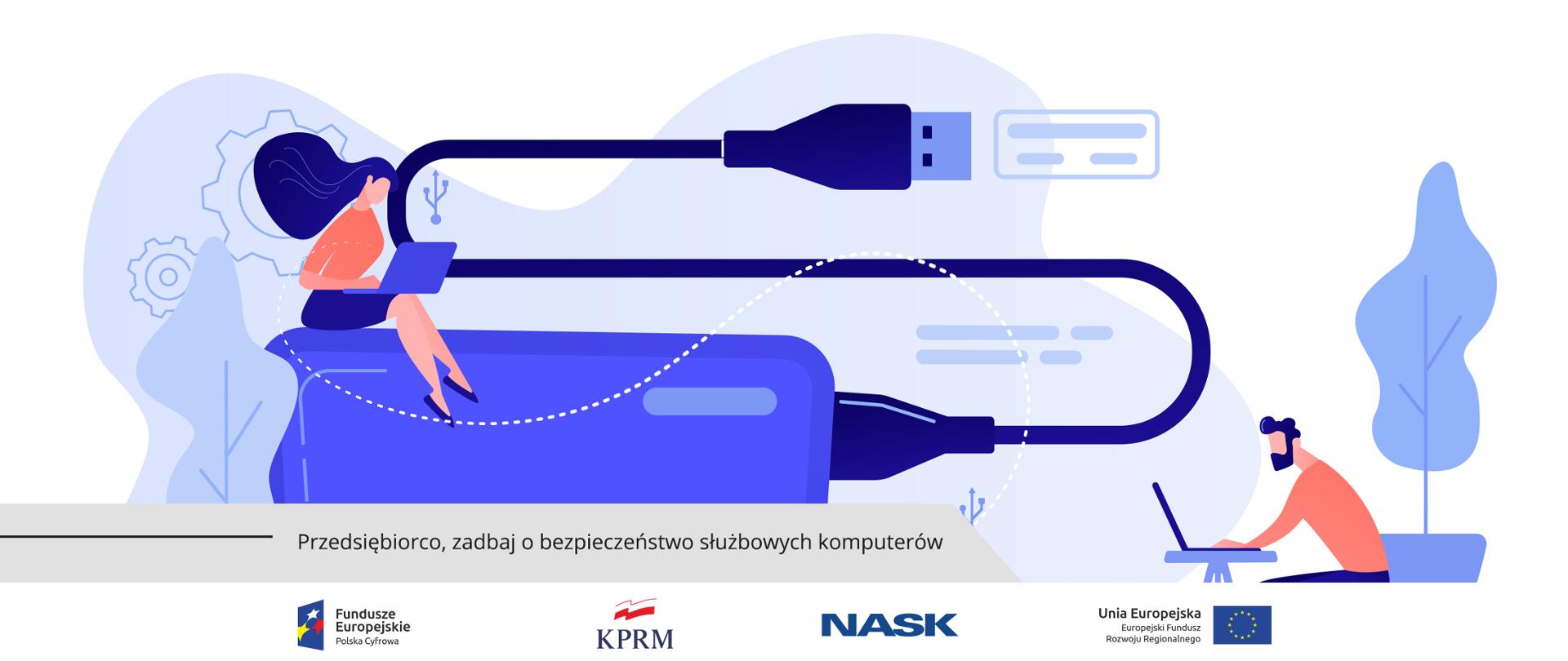 Grafika wektorowa. Kobieta i mężczyzna pracują na laptopach. Mężczyzna siedzi za biurkiem (z prawej strony), kobieta siedzi na elemencie przypominającym dysk zewnętrzny.