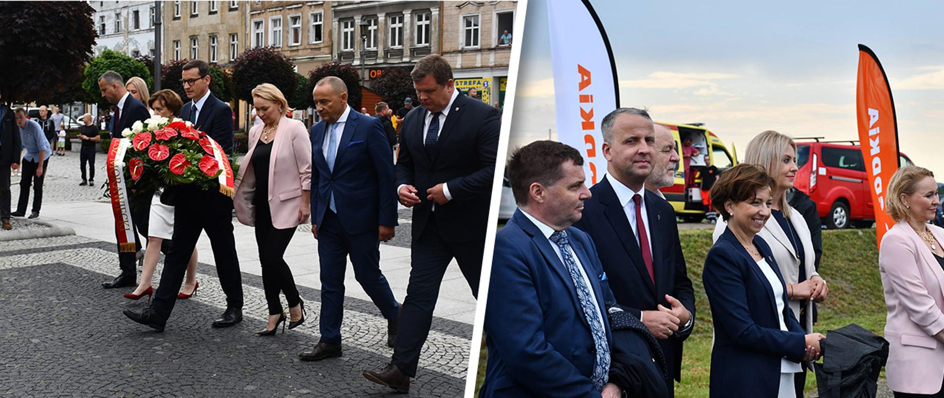 Kolaż zdjęć. Na jednym wyeksponowana postać premiera niosącego wieniec przewiązany biało-czerwoną szarfą. Na drugim grupa osób wśród nich minister Maląg.