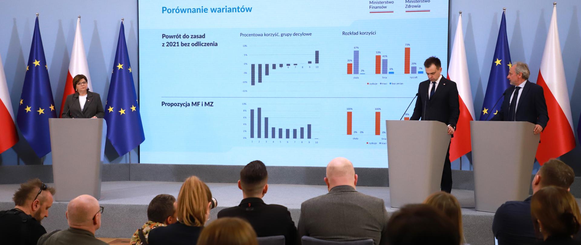 Minister Zdrowia Izabela Leszczyna, Minister Finansów Andrzej Domański i Podsekretarz Stanu w MF Jarosław Nenemen podczas konferencji prasowej w KPRM.