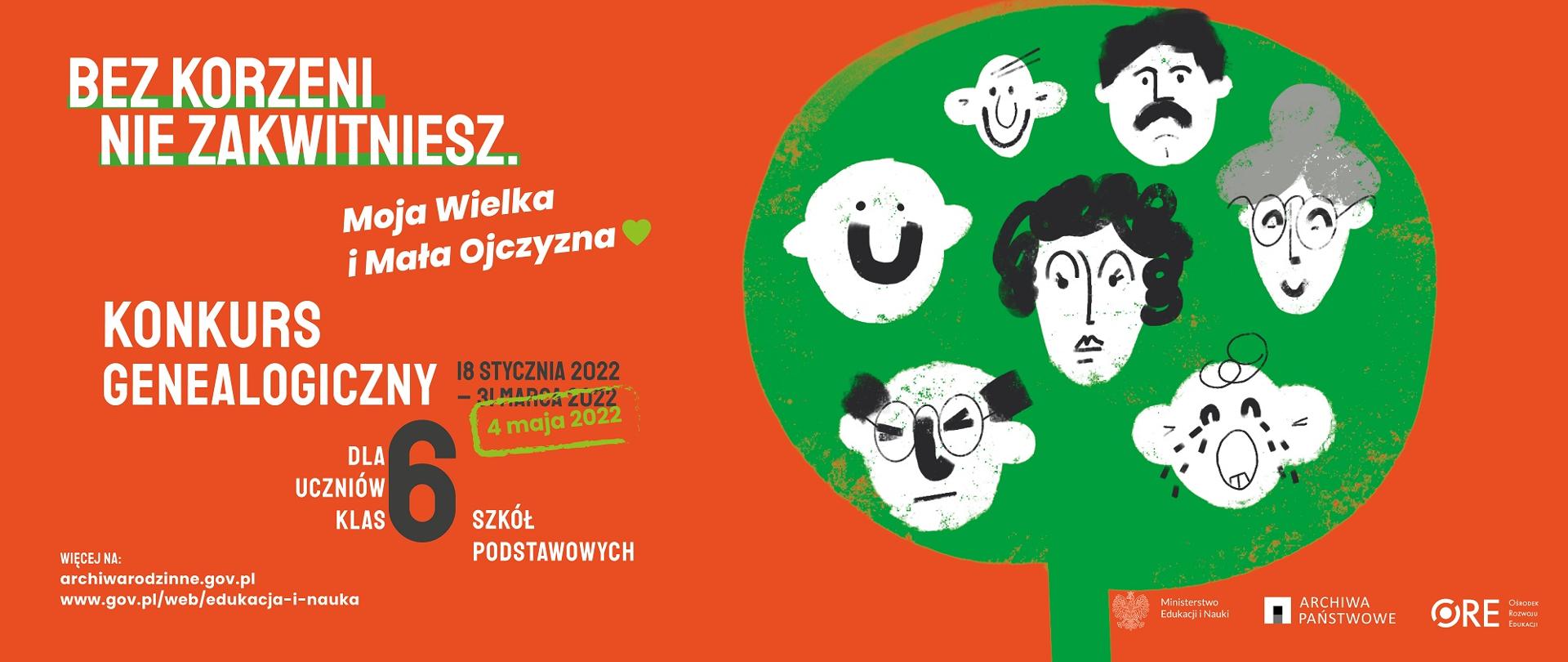 Grafika - na pomarańczowym tle ludzkie twarze i napis „Bez korzeni nie zakwitniesz. Moja Wielka i Mała Ojczyzna. Konkurs genealogiczny dla uczniów klas 6 szkół podstawowych”