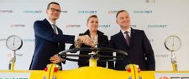 Prezydent Andrzej Duda, premier Mateusz Morawiecki i premier Danii Mette Frederiksen w trakcie oficjalnego otwarcia Baltic Pipe w Goleniowie.