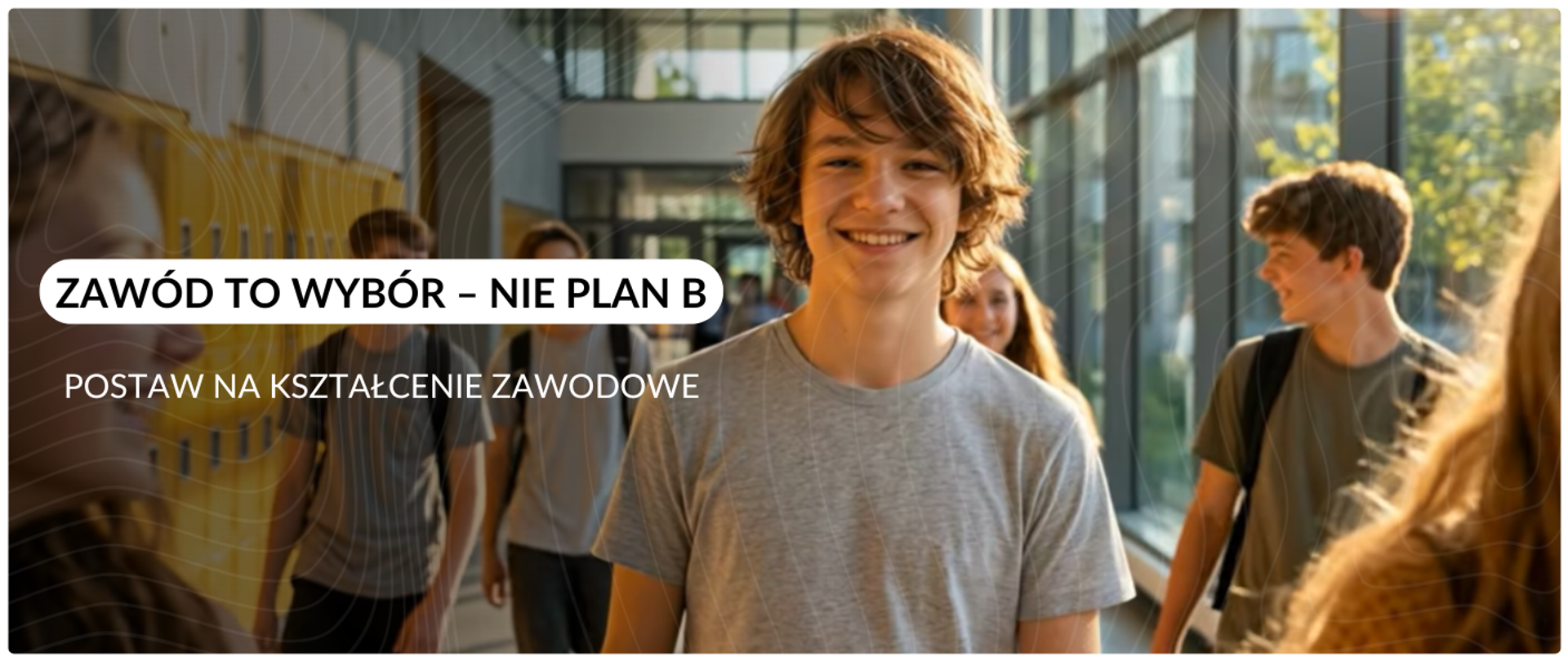 Uśmiechnięty nastolatek w jasnej koszulce na tle szkolnego korytarza. Na zdjęciu widnieje napis: „ZAWÓD TO WYBÓR – NIE PLAN B. POSTAW NA KSZTAŁCENIE ZAWODOWE”.