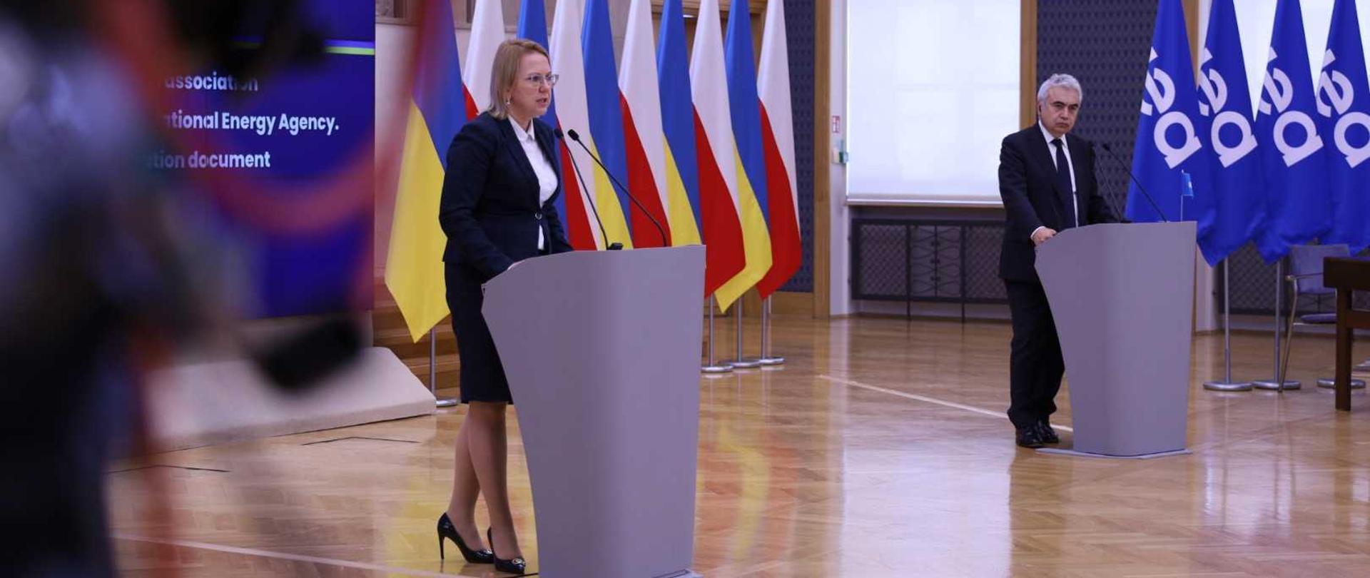 Minister Anna Moskwa podczas konferencji i dyrektor wykonawczy MAE