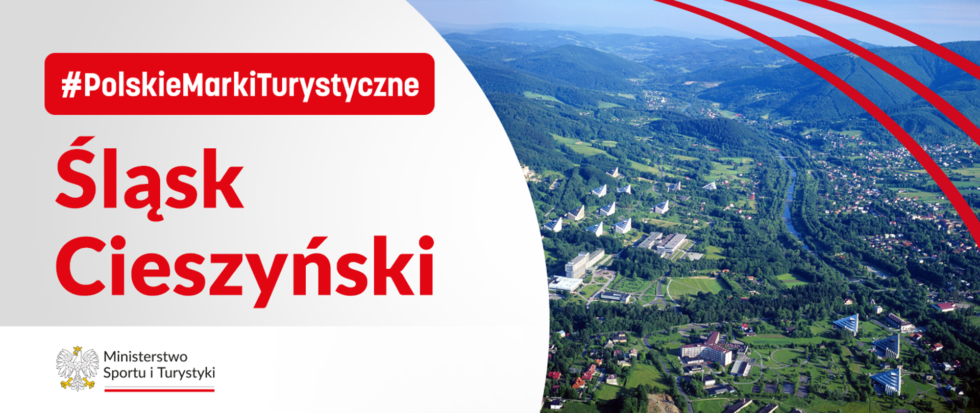 Grafika Polskiej Marki Turystycznej - Śląska Cieszyńskiego. Po prawej stronie zdjęcie Ustronia, po lewej stronie nazwa projektu, w dolnym lewym rogu logo ministerstwa
