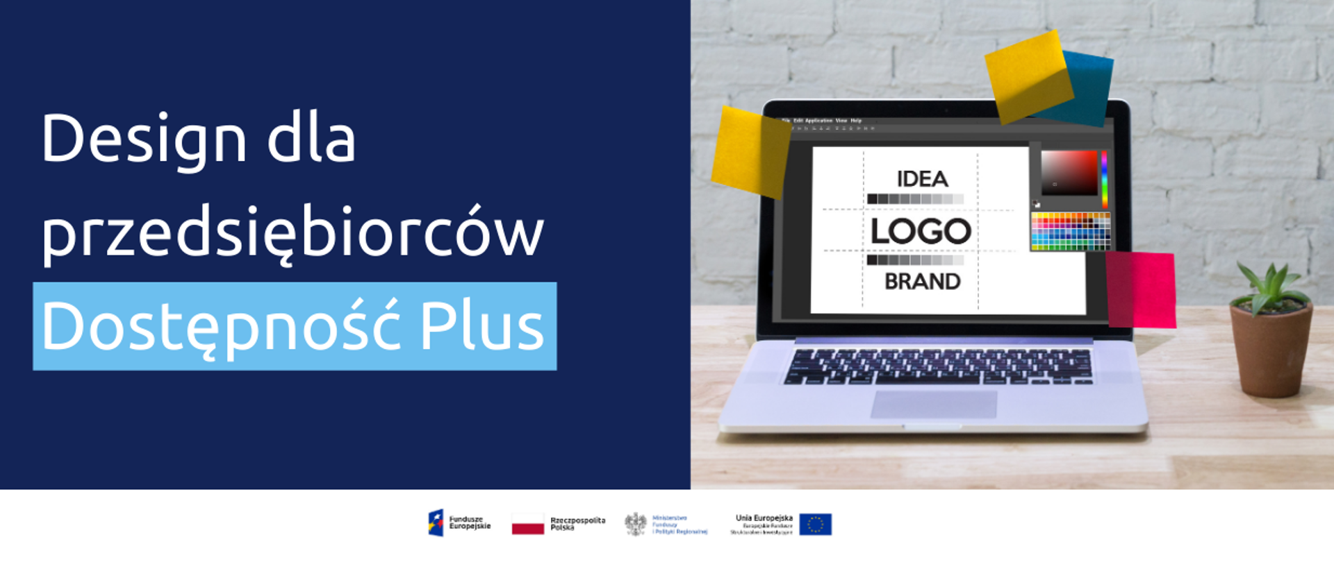 Na grafice po lewej napis: "Design dla przedsiębiorców. Dostępność Plus". Po prawej obrazek z otwartym laptopem .