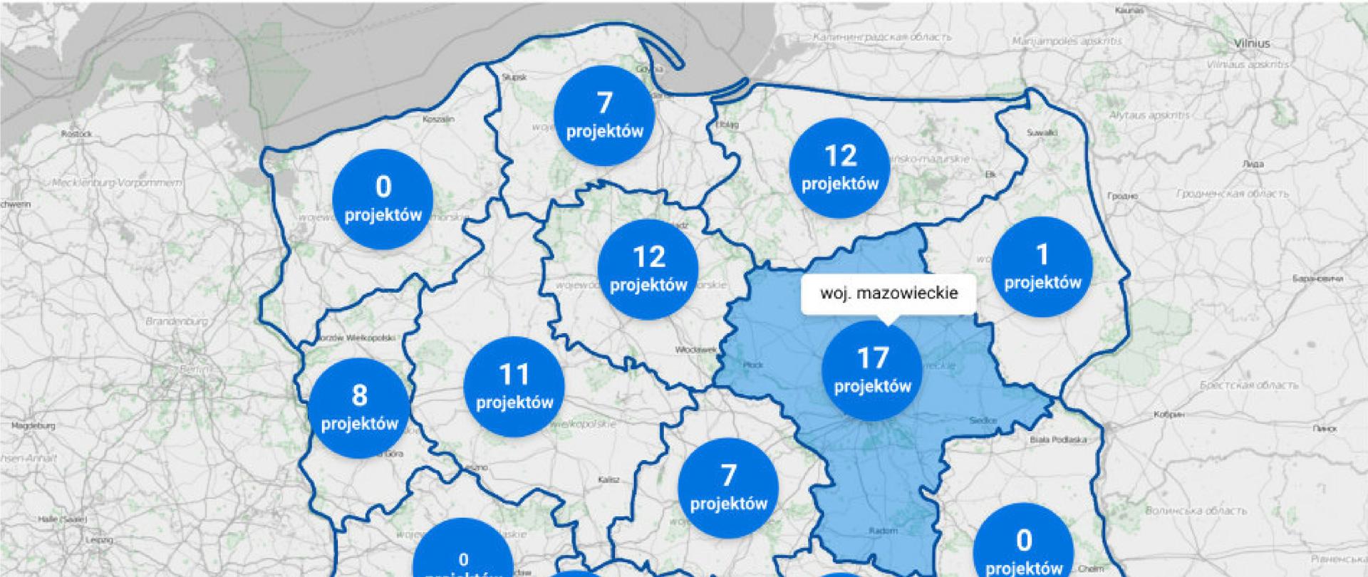 Mapa Polski z podziałem na województwa. W każdym z województw zaznaczona przykładowa liczba inwestycji. Województwo mazowieckie - 17 projektów