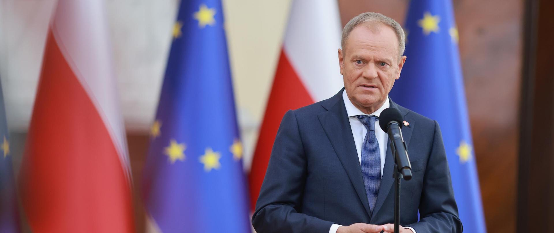 Premier Donald Tusk podczas konferencji prasowej po posiedzeniu Rady Ministrów w KPRM.