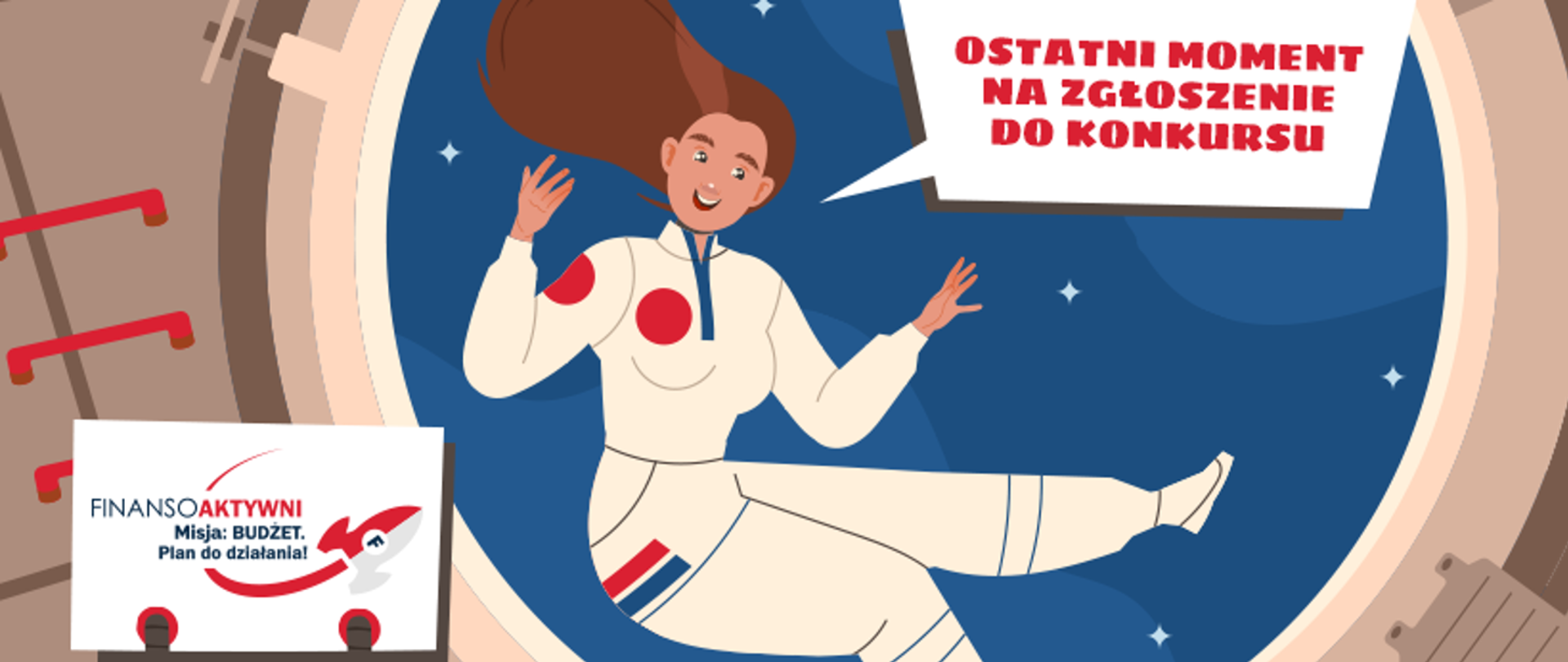 Uśmiechnięta dziewczyna i napis Ostatni moment na zgłoszenie do konkursu, Finansoaktywni, misja budżet, plan działania