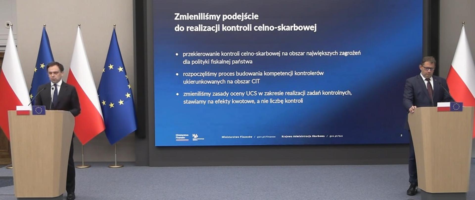 Minister finansów i gospodarki Andrzej Domański i wiceminister finansów Szef KAS Marcina Łoboda podczas konferencji prasowej