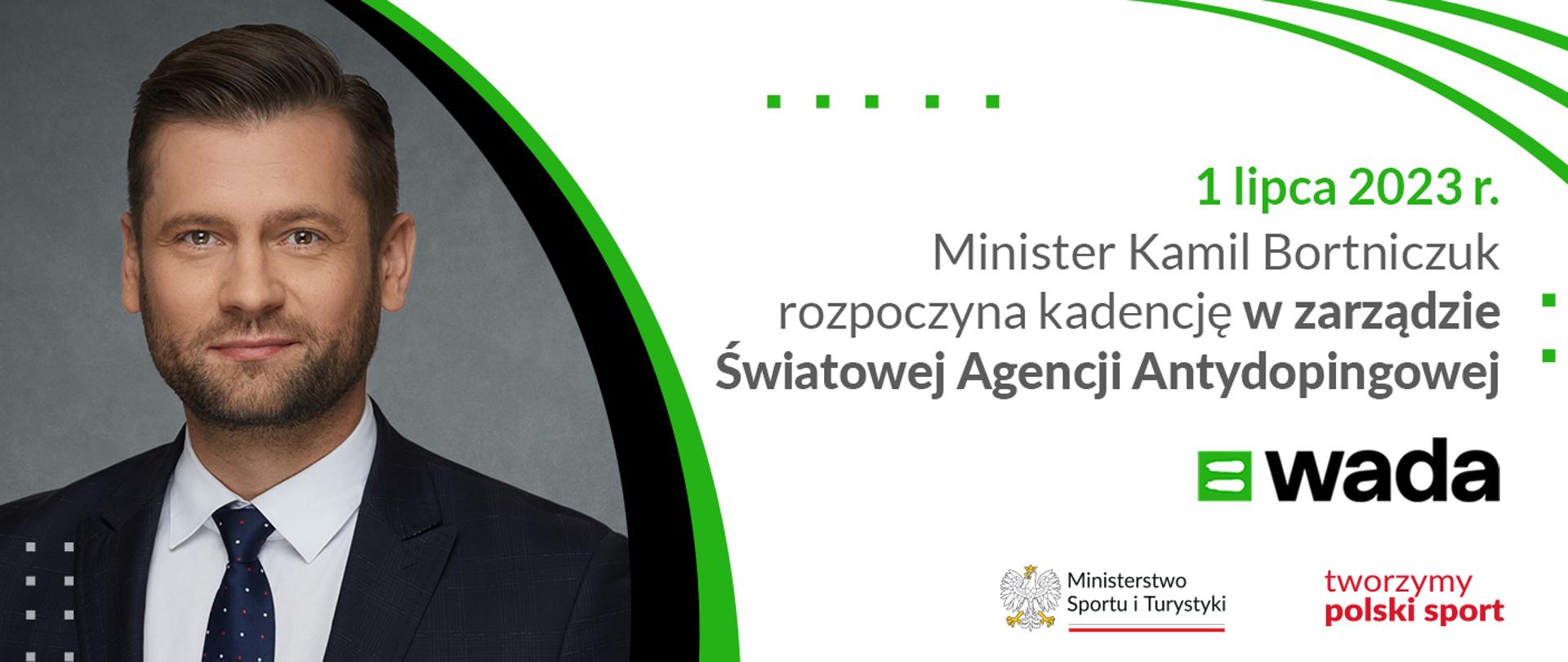 Grafika ze zdjęciem ministra Kamila Bortniczuka w garniturze i napisem minister Kamil Bortniczuk rozpoczyna kadencję w zarządzie Światowej Agencji Antydopingowej WADA