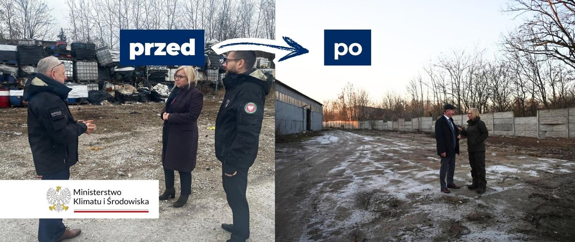 na zdjęciu widoczne jest porównanie terenu "przed" i "po" wywózce nielegalnych odpadów z Pinczowa. 