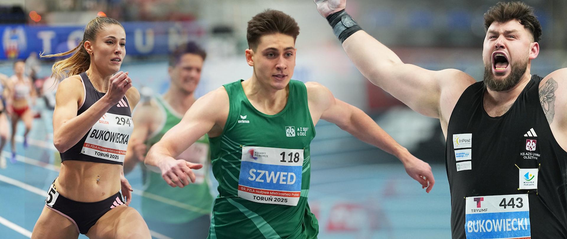 Mistrzostwa w Polski w lekkoatletyce w Toruniu, grafika z naszymi zawodnikami na tle hali