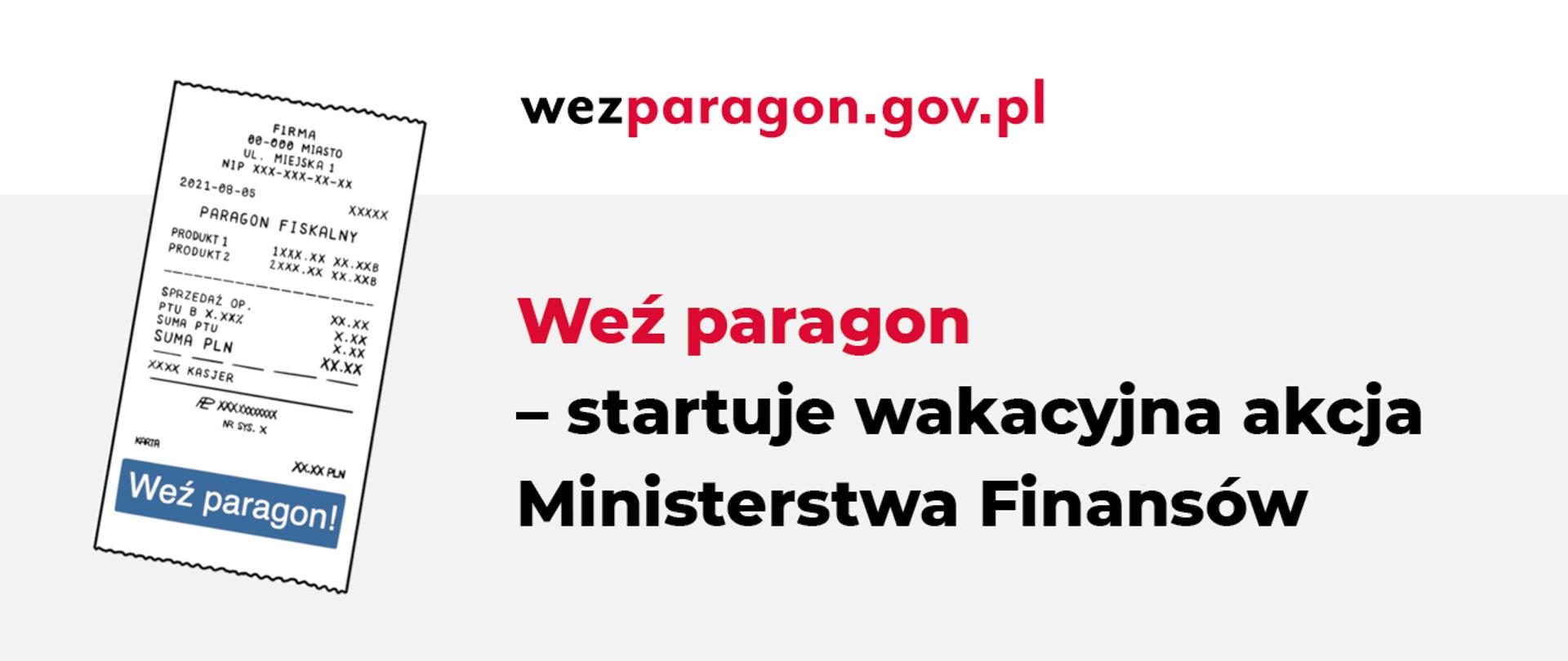 Po lewej stronie paragon fiskalny a po prawej napis startuje wakacyjna akcja Ministerstwa Fiansnów
