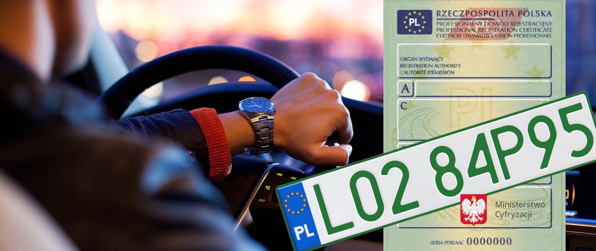 Na pierwszym planie tablica rejestracyjna, za nią dowód rejestracyjny, w tle wnętrze samochodu.