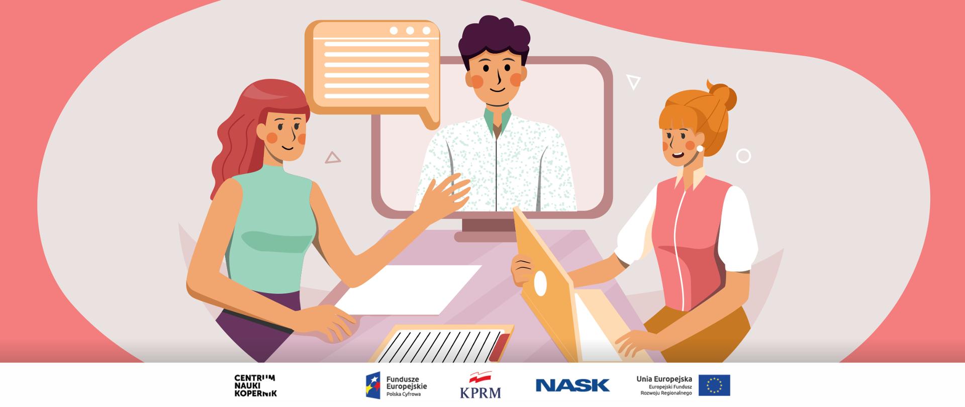 Grafika wektorowa na różowo-pomarańczowym tle. Dwie kobiety siedzą przy stole - jedna z nich ma przed sobą laptopa. Pomiędzy nimi, na końcu stołu, ekran komputera, na którym widać mówiącego mężczyznę.
