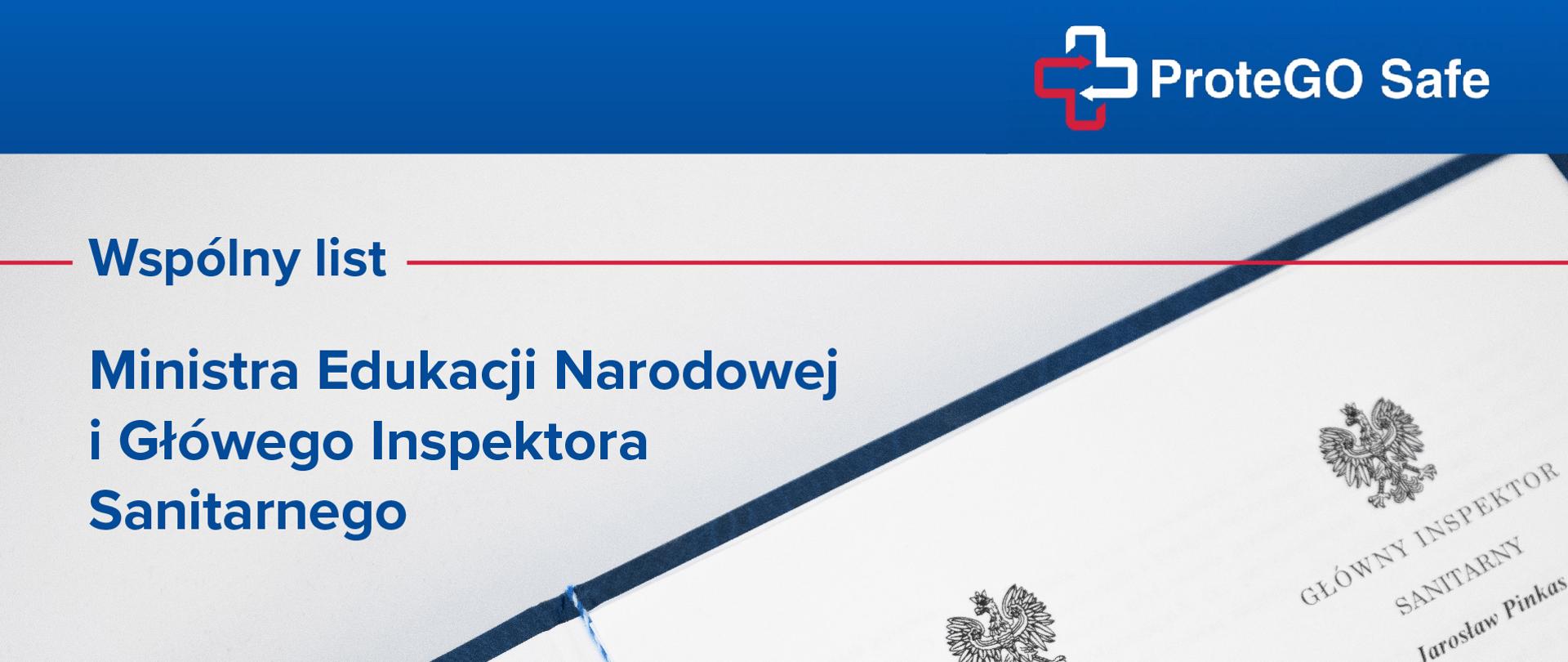 Grafika z tekstem "ProteGO Safe. Wspólny list Ministra Edukacji Narodowej i Głównego Inspektora Sanitarnego"