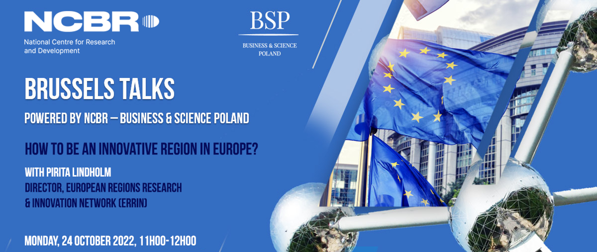 Grafika zachęcająca do udziału w spotkanie z cyklu Brussels Talks, tym razem pt.:„ Jak być innowacyjnym regionem w Europie?”. 