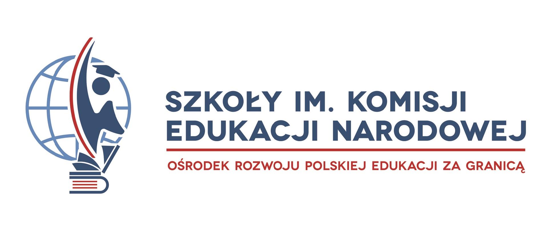 Grafika - na białym tle stylizowany globus i napis Szkoły im. Komisji Edukacji Narodowej.