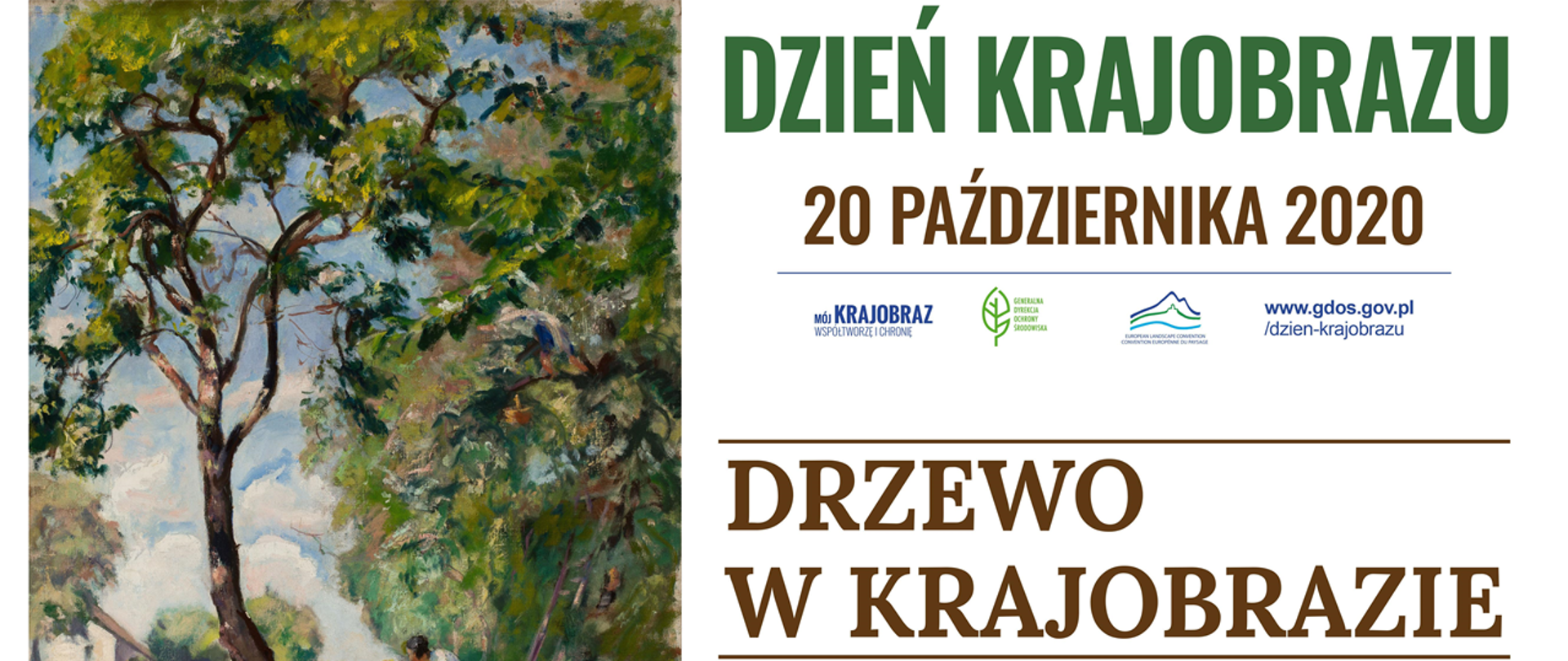Obraz z namalowanym drzewem, a obok tekst "Dzień krajobrazu – 20 października 2020. Drzewo w krajobrazie"