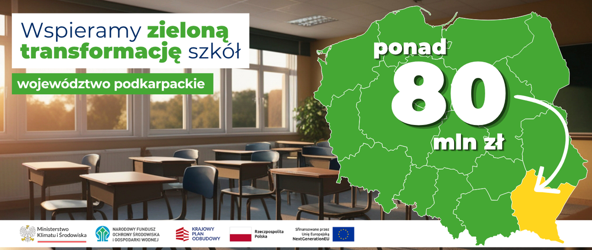 Wspieramy zieloną transformację szkół województwo podkarpackie. Po prawej stronie widoczna jest mapa Polski z zaznaczonym na żółto woj. podkarpackim i napisem ponad 80 mln zł.