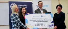 Trzy kobiety, dwie ubrane na czarno i jedna w niebieską kratę na białym tle oraz mężczyzna w szarej marynarce trzymają dużą kartkę z napisem Skriware Academy dla każdej szkoły podstawowej - 21 584 160 zł.