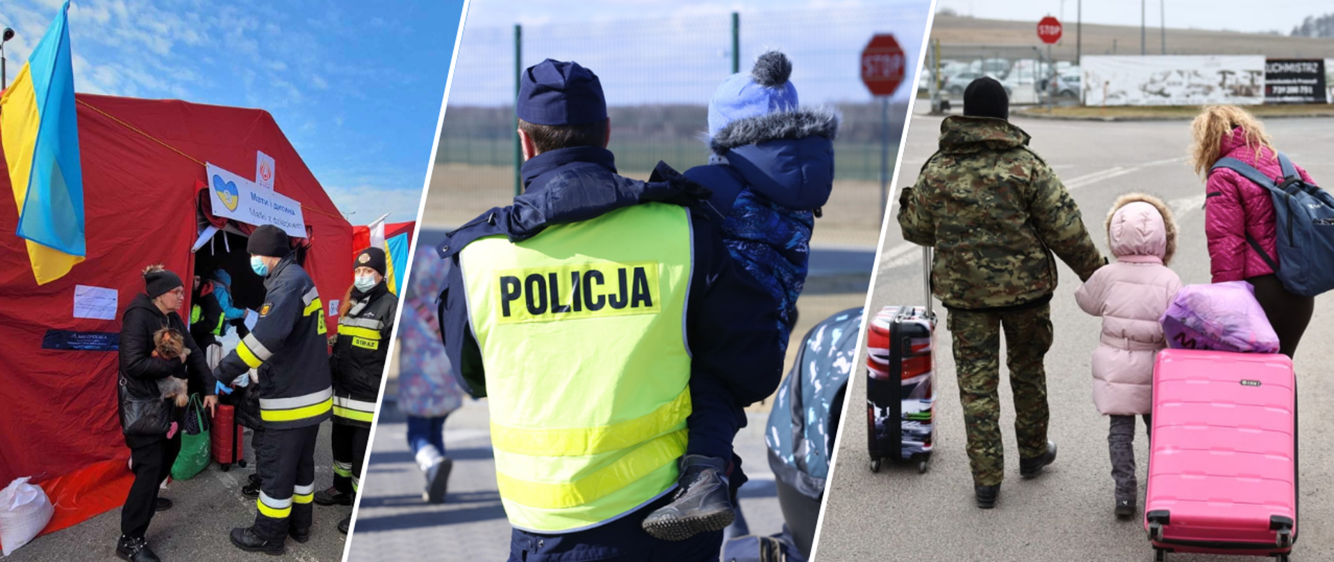 Kolaż, na którym widoczni są strażacy, policjant oraz strażnik graniczny pomagający uchodźcom z Ukrainy.