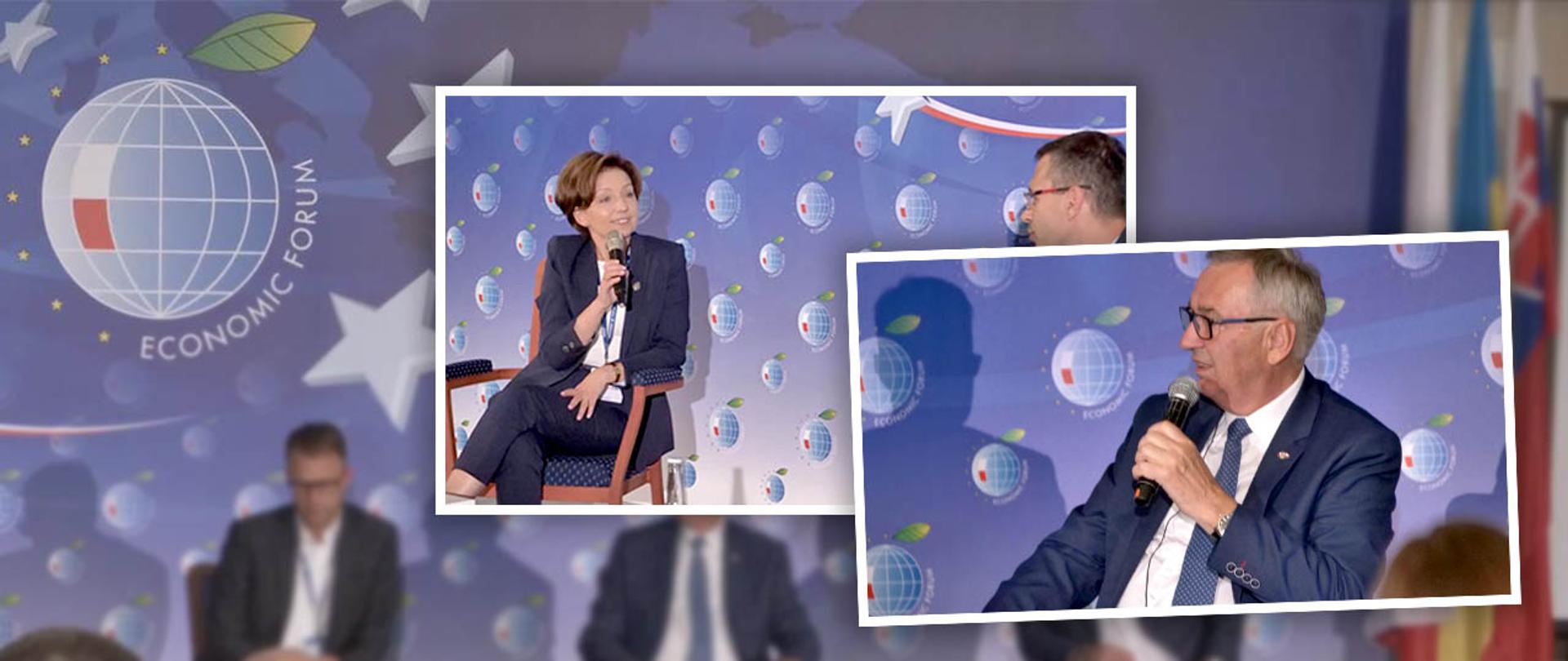 Kolaż zdjęć z Forum Ekonomicznego w Karpaczu. Na zdjęciach minister Maląg siedząca na tle logo Forum z mikrofonem w ręku oraz wiceminister Szwed także na tle logo forum wypowiadający się do mikrofonu. Dominuje niebieski kolor tła.