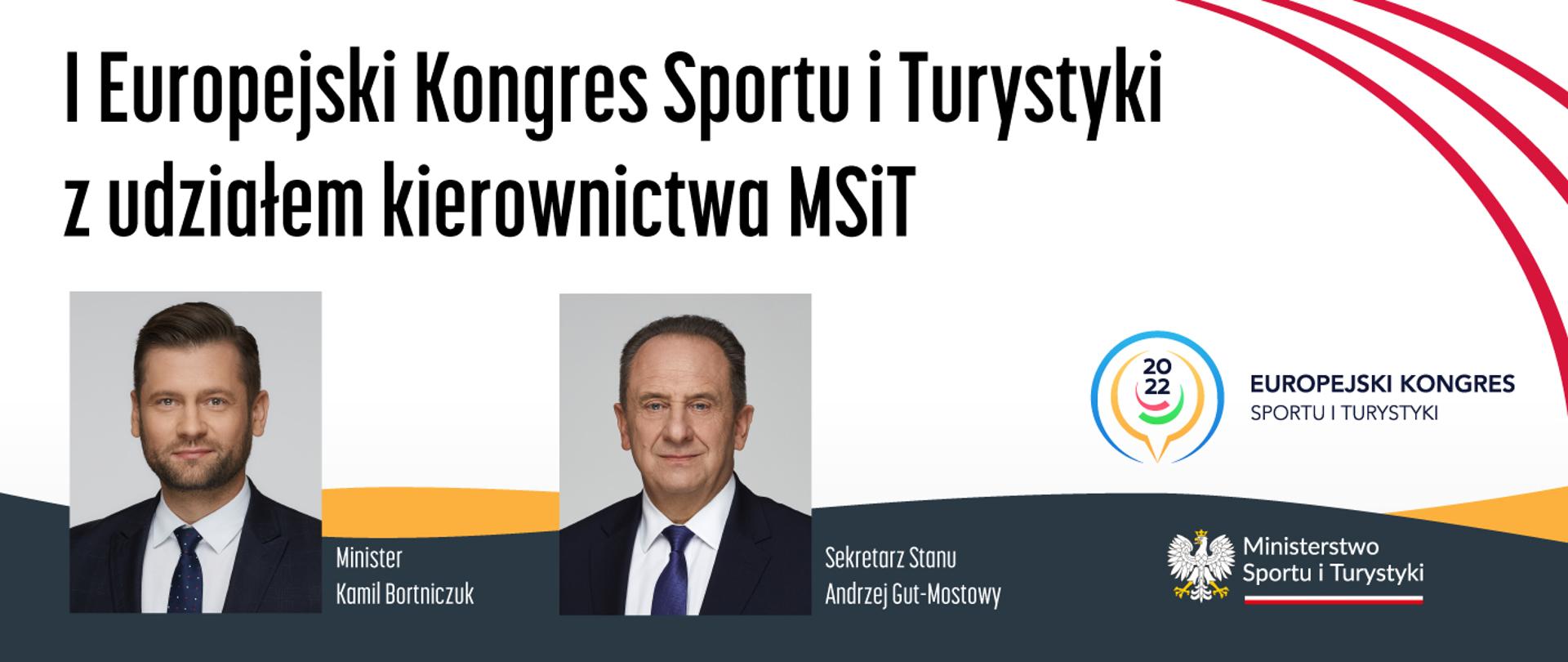 I Europejski Kongres Sportu i Turystyki z udziałem kierownictwa Ministerstwa Sportu i Turystyki - plansza ze zdjęciami ministra Kamila Bortniczuka i sekretarza stanu Andrzeja Guta-Mostowego