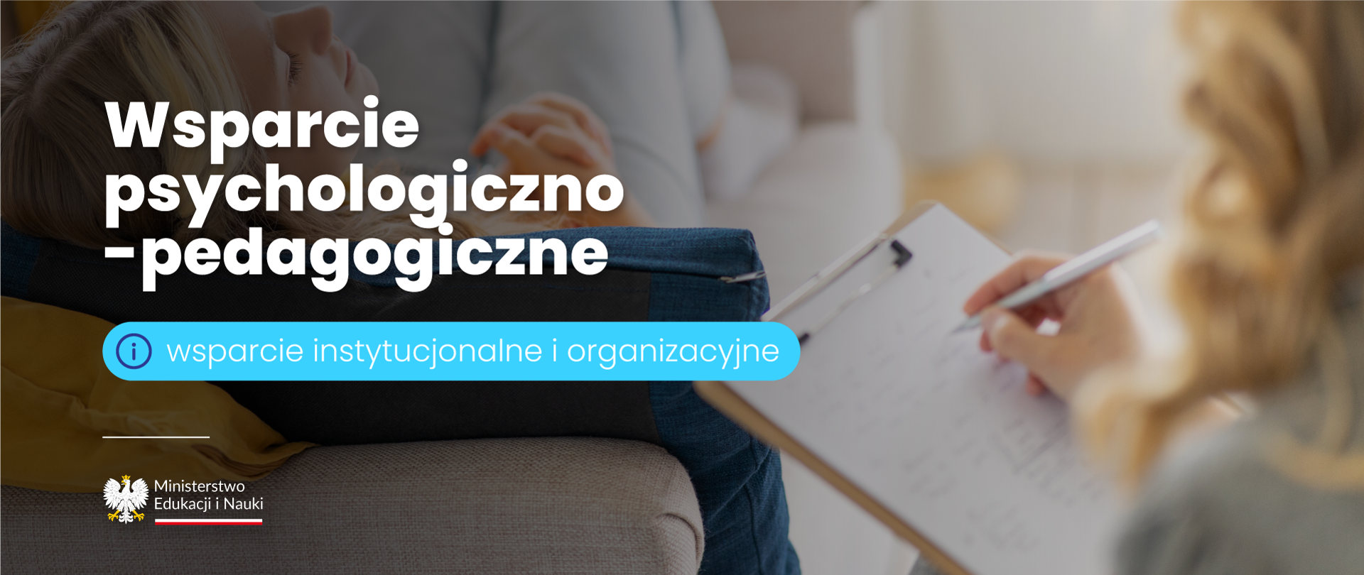 Grafika - kobieta trzyma długopis, obok napis Wsparcie psychologiczno-pedagogiczne - wsparcie instytucjonalne i organizacyjne.
