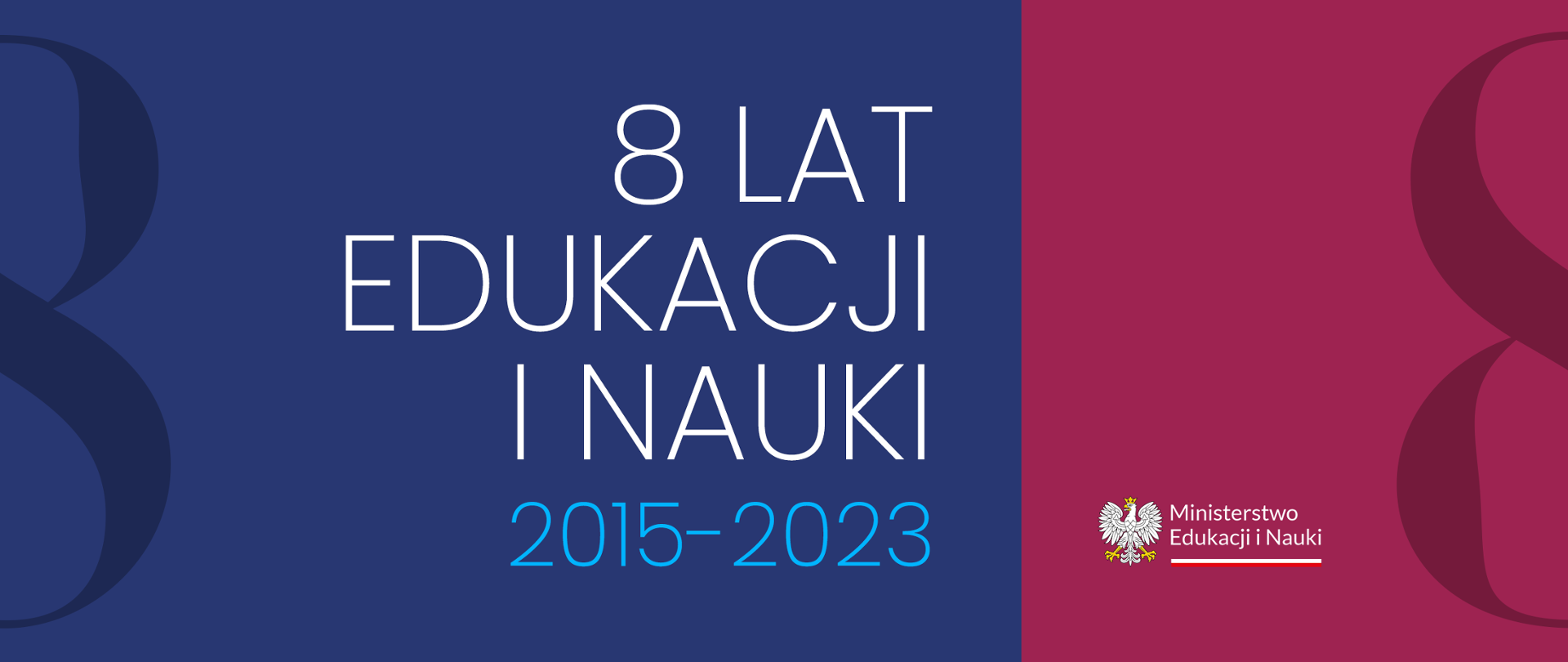 Grafika: na granatowym tle napis 8 lat edukacji i nauki 2015-2023