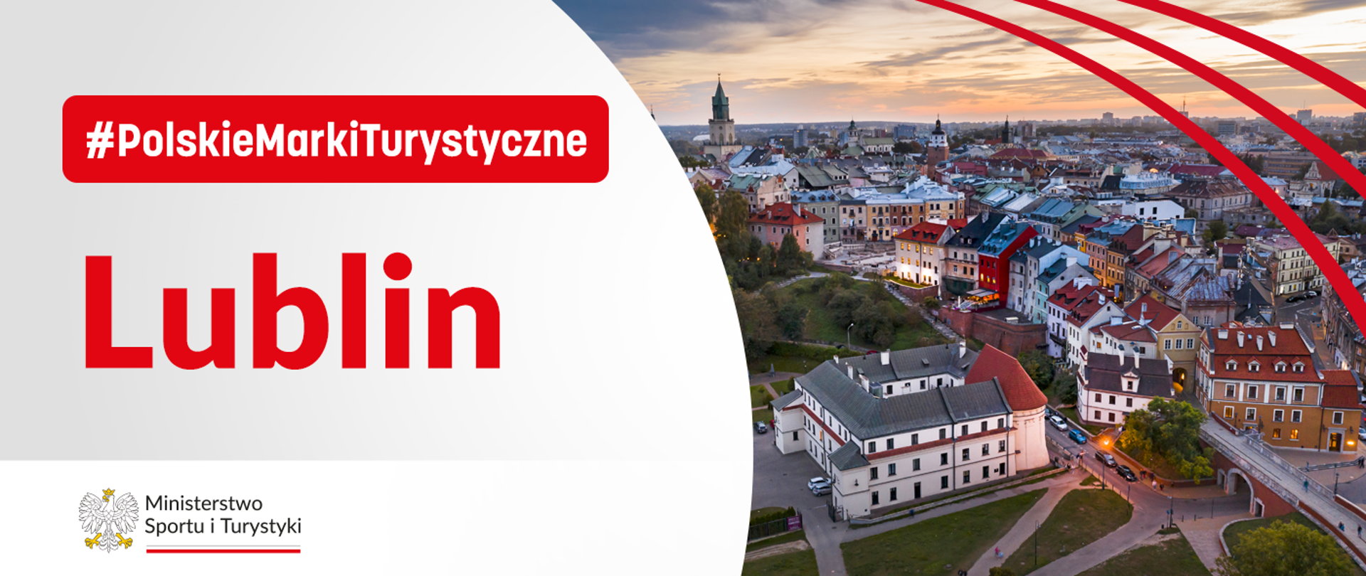 grafika Polskich Marek Turystycznych z Lublinem. Po prawej stronie widok na starówkę, po lewej nazwa projektu oraz logo ministerstwa