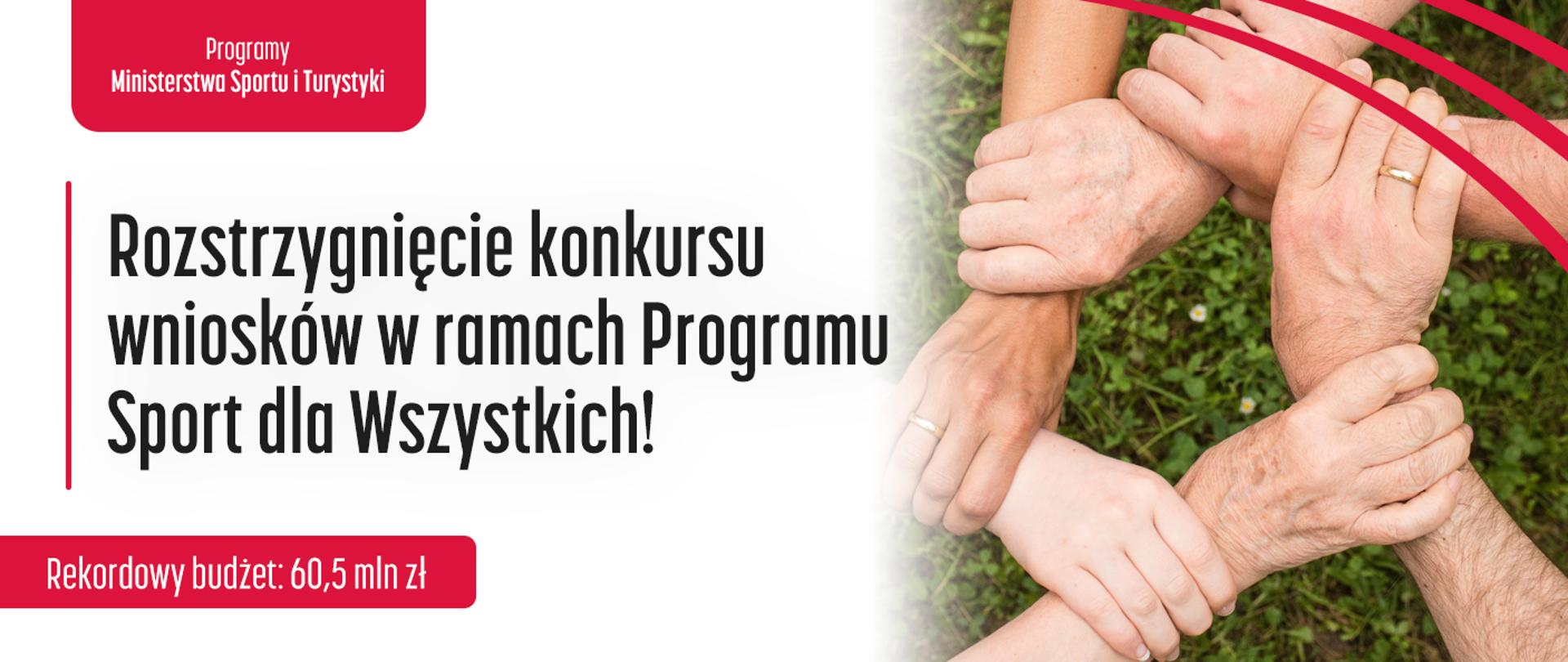 Grafika z napisem: Rozstrzygnięcie konkursu wniosków w ramach Programu Sport dla Wszystkich! Rekordowy budżet: 60,5 mln zł