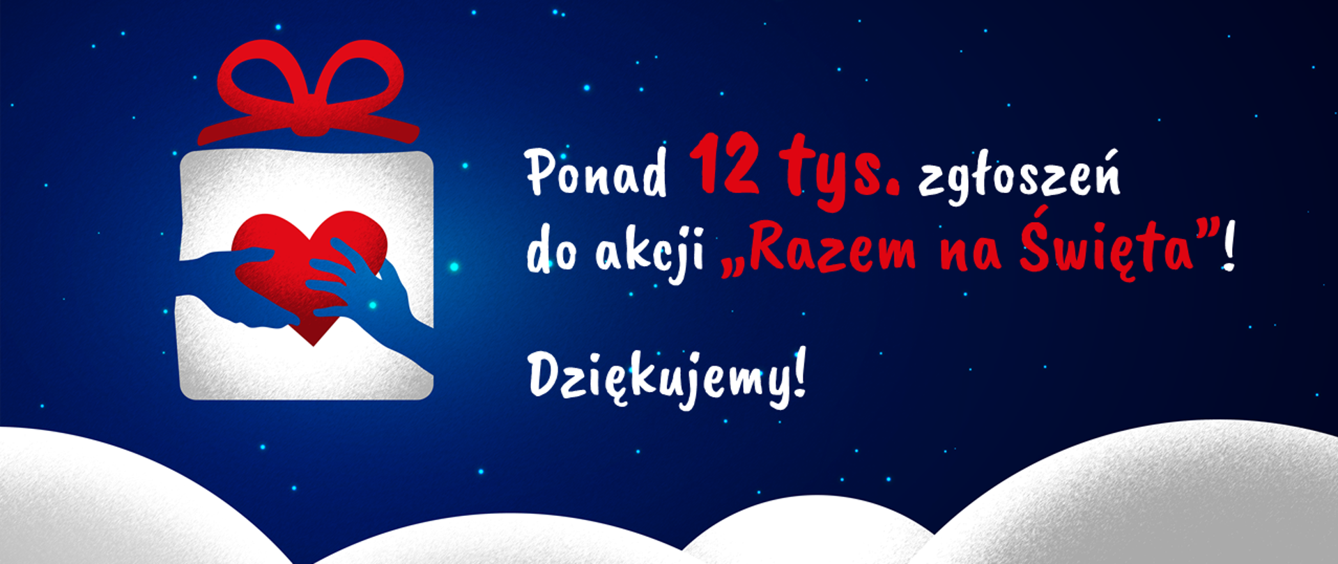 Granatowe tło i padający śnieg. Po lewej stronie dwie ręce trzymające serce na tle świątecznego prezentu. Po prawej stronie napis Ponad 12 tys. zgłoszeń do akcji Razem na Święta. Dziękujemy. Na dole śnieg. 