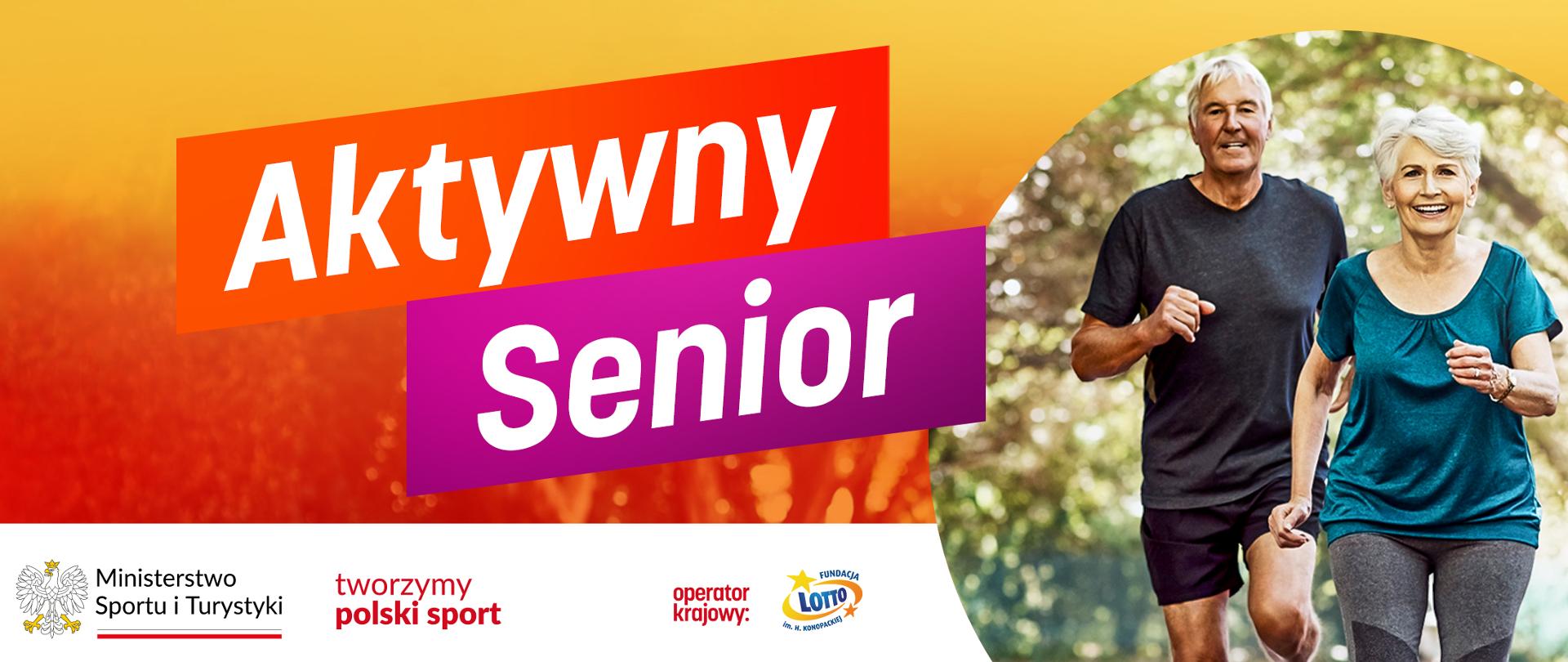 Grafika z dużym napisem: "Aktywny Senior" i informacją o naborze wniosków oraz budżecie zadania w wysokości 16 360 000 zł. W lewym dolnym rogu logo MSiT, hasło tworzymy polski sport i logotyp Fundacji LOTTO, która jest operatorem krajowym.
