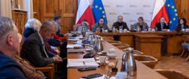 Zdjęcie przedstawia uczestników spotkania z oświatowymi związkami zawodowymi w Ministerstwie Edukacji Narodowej. Wszyscy siedzą przy stole.