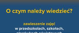 Tablica informacyjna z napisem:O czym należy wiedzieć?
Zawieszenie zajęć w szkołach, przedszkolach, placówkach oświatowych – pytania i odpowiedzi
