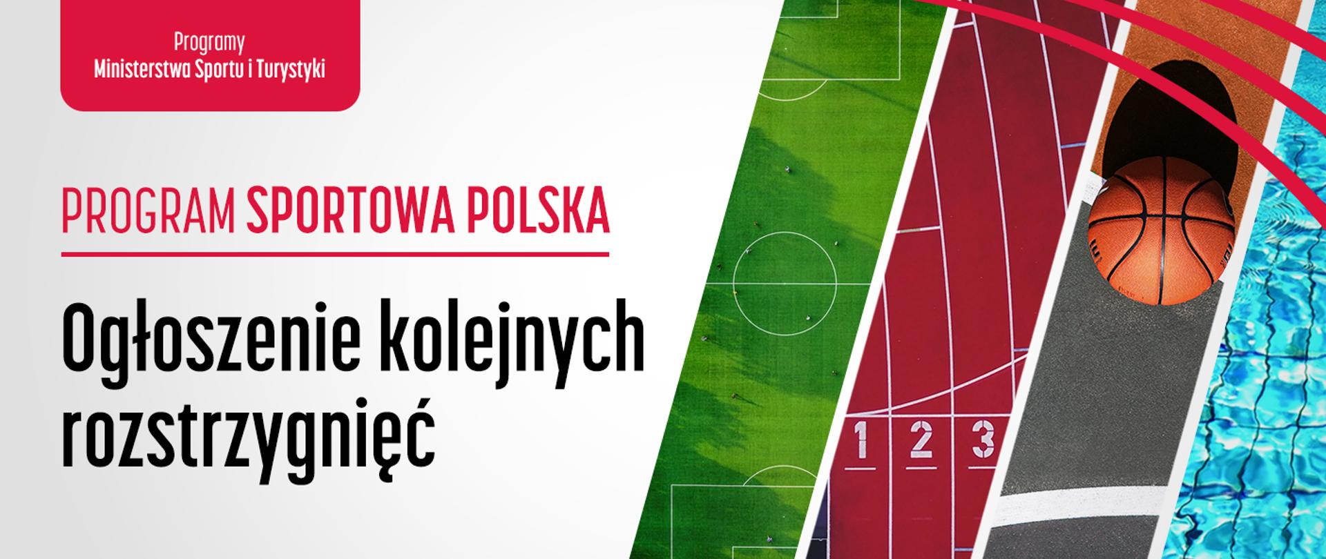 Program Sportowa Polska. Grafika z napisem Ogłoszenie kolejnych rozstrzygnięć oraz obrazek piłki do koszykówki, wycinek bieżni sportowej, boiska piłkarskiego i basenu