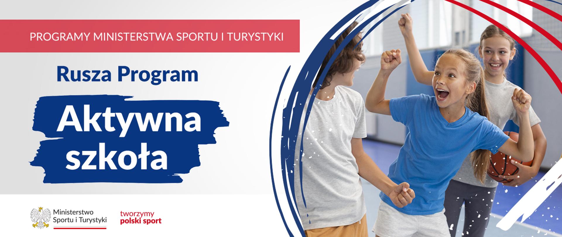 Na samej górze grafiki znajduje się biały napis na czerwonym tle "Programy Ministerstwa Sportu i Turystyki", a poniżej napis "Rusza Program Aktywna Szkoła". Na samym dole znajduje się logotyp Ministerstwa sportu i Turystyki oraz hasło tworzymy polski sport. Po prawej stornie znajduje się zdjęcie cieszących się dzieci w strojach sportowych.