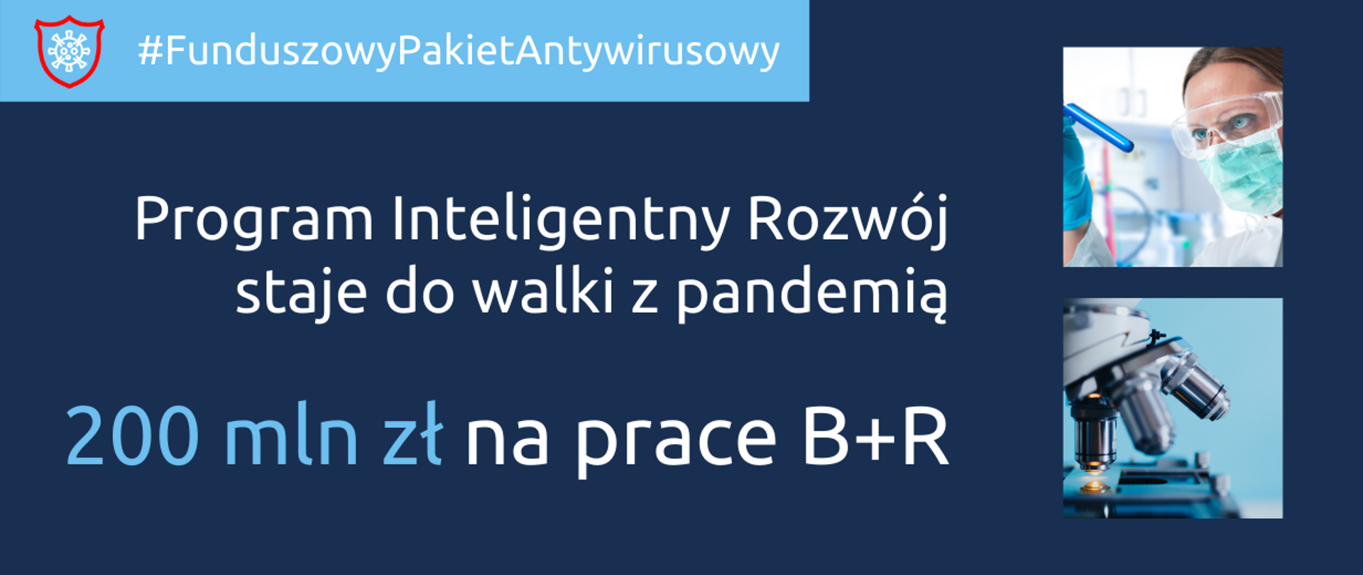 Napis: Funduszowy Pakiet Antywirusowy - Program Inteligentny Rozwój staje do walki z pandemią. 200 milionów złotych na prace badawczo-rozwojowe. Po prawej dwa zdjęcia - laborantki z próbówką, poniżej zdjęcie mikroskopu
