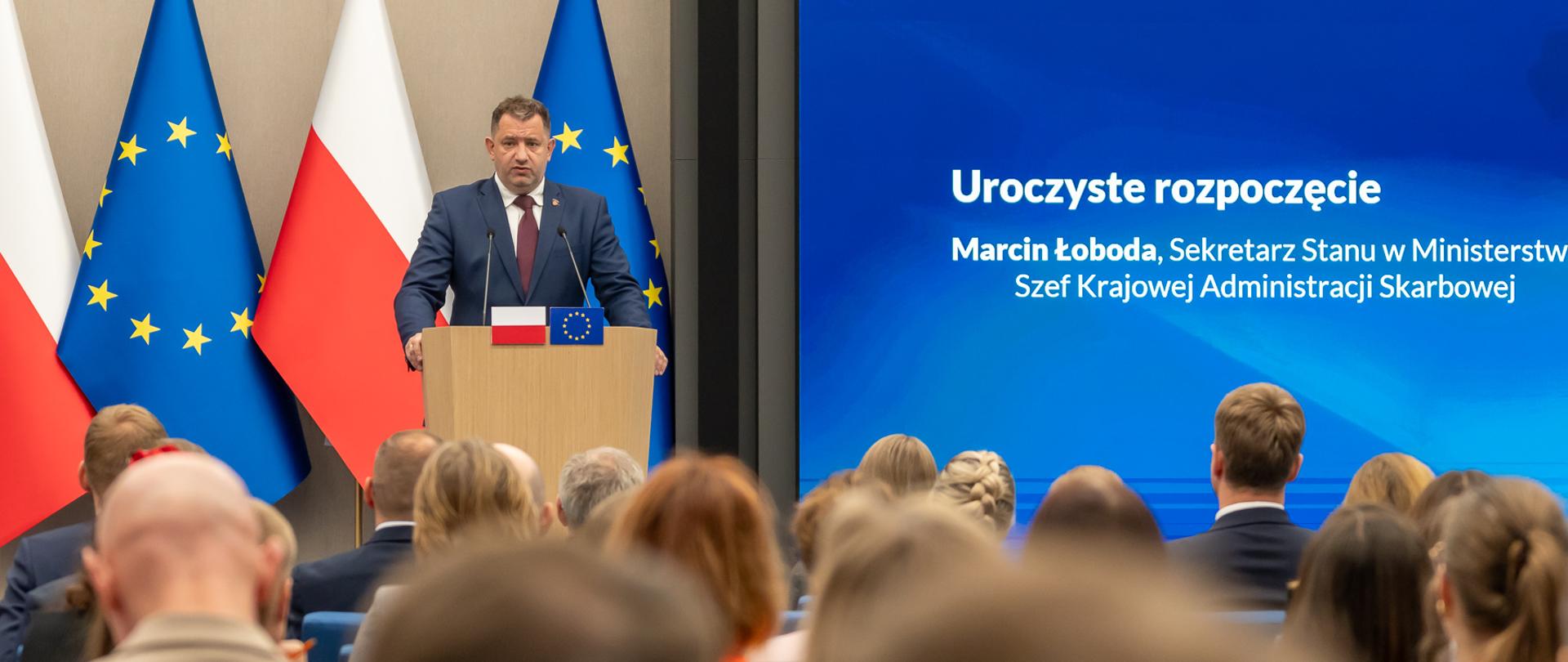 Sekretarz stanu w MF, Szef KAS Marcin Łoboda podczas wypowiedzi.