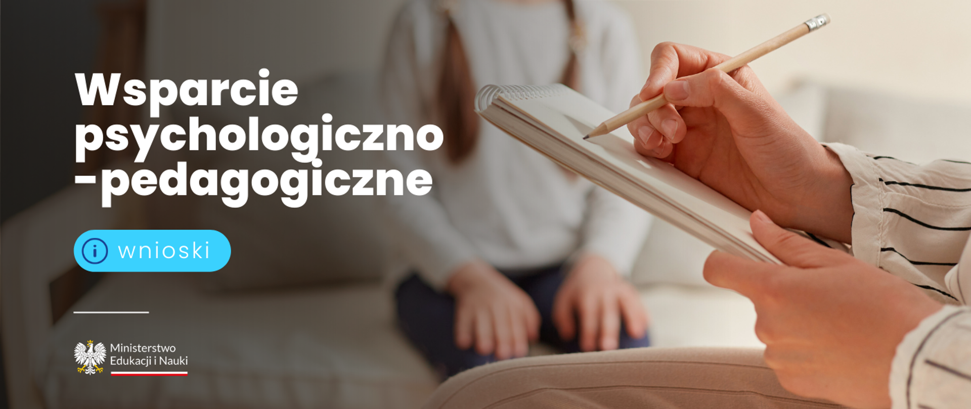Grafika - kobieta trzyma długopis, obok napis Wsparcie psychologiczno-pedagogiczne - wsparcie instytucjonalne i organizacyjne.
