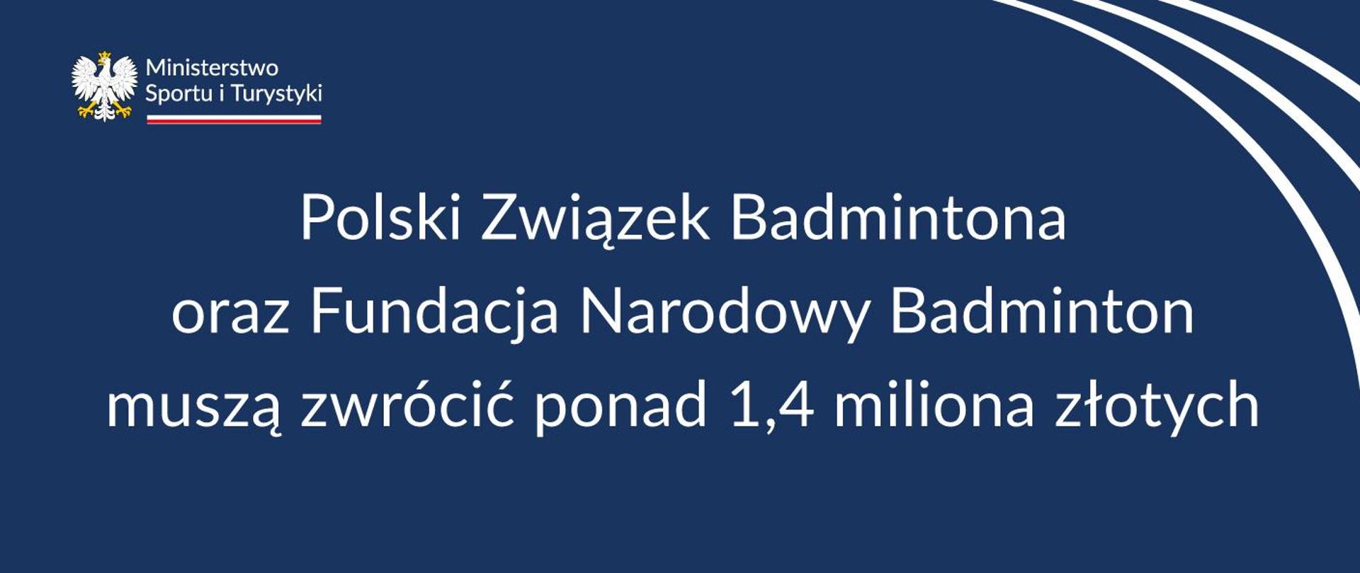 Biały napis na granatowym tle: Polski Związek Badmintona oraz Fundacja Narodowy Badminton muszą zwrócić ponad 1,4 miliona złotych