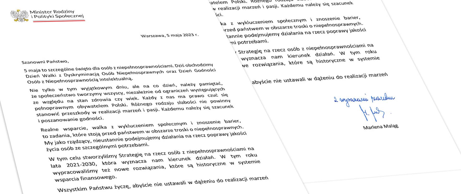 List Minister Marleny Maląg z okazji Dnia Walki z Dyskryminacją OzN