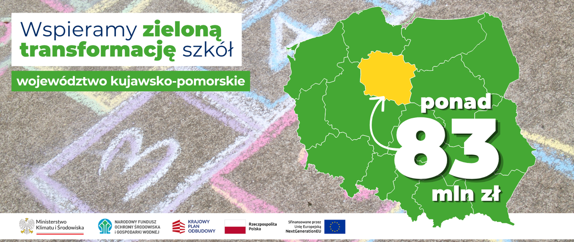Wspieramy zieloną transformację szkół województwo opolskie. Po prawej stronie widoczna jest mapa Polski z zaznaczonym na żółto woj. kujawsko-pomorskie i napisem ponad 83 mln zł.