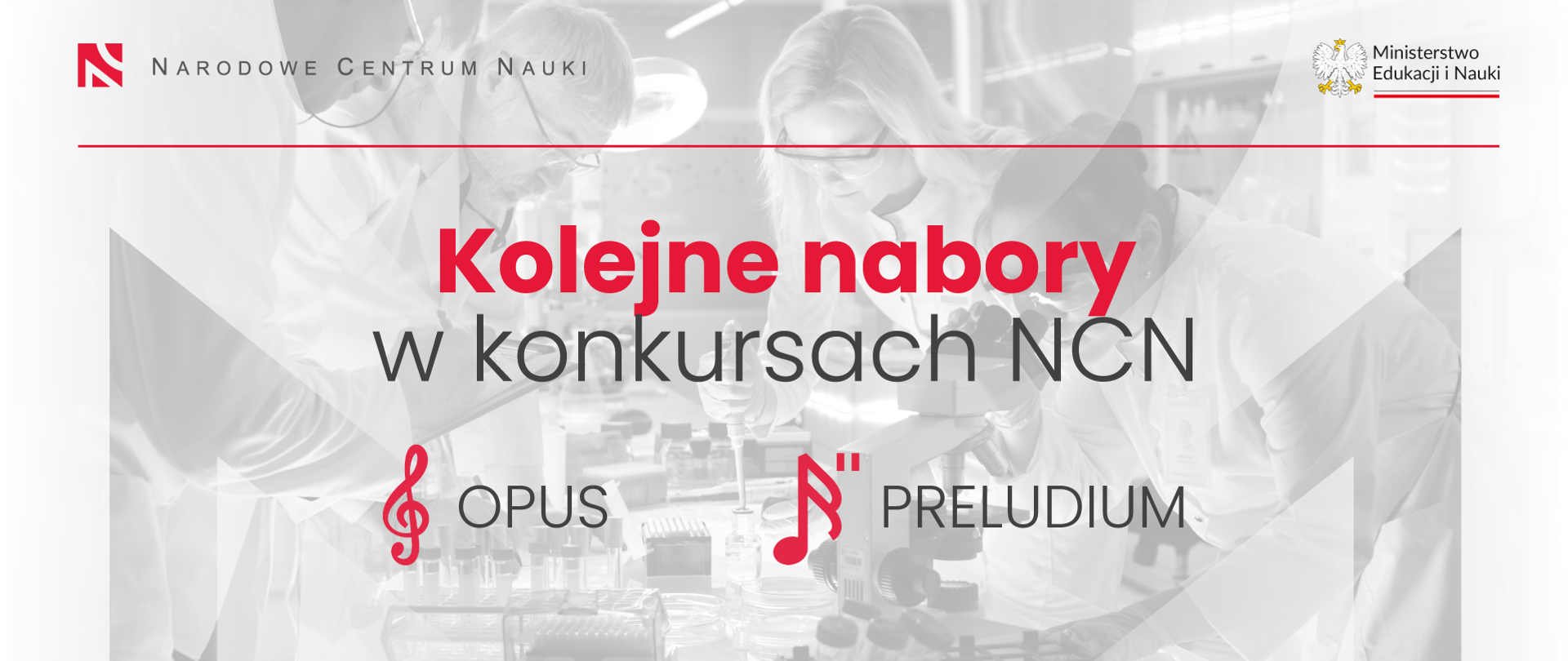 Grafika - na jasnoszarym tle sylwetki naukowców w fartuchach i napis Kolejne nabory w konkursach NCN Opus i Preludium.