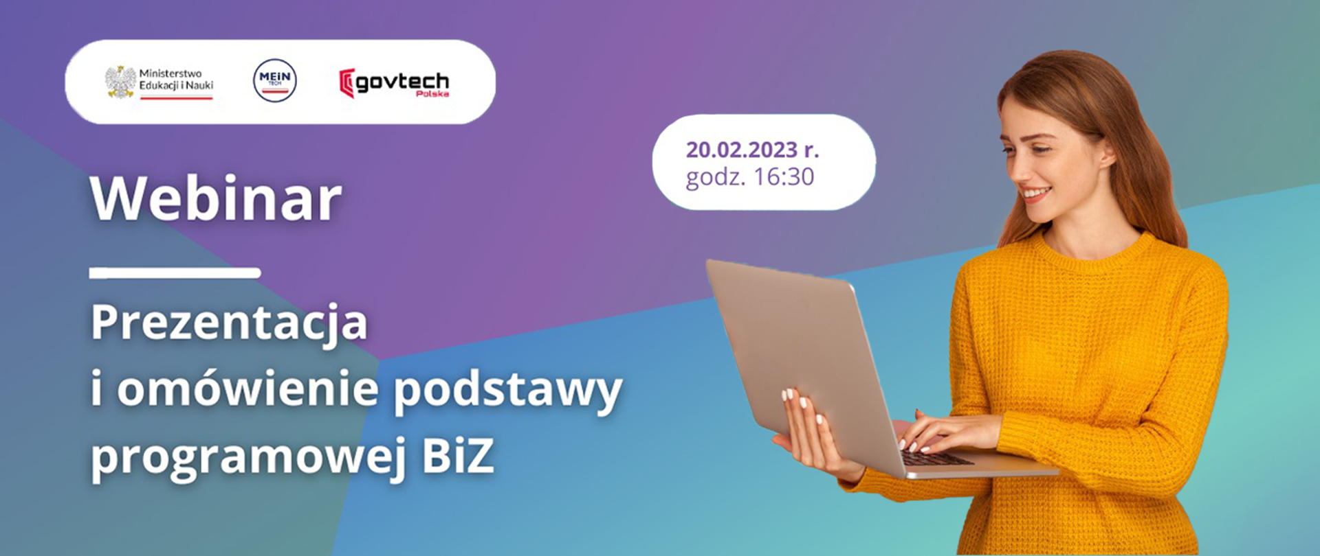 Kolorowa grafika z napisem Webinar Prezentacja i omówienie podstawy programowej. Po prawej stronie dziewczyna z komputerem ubrana w żółty sweter 