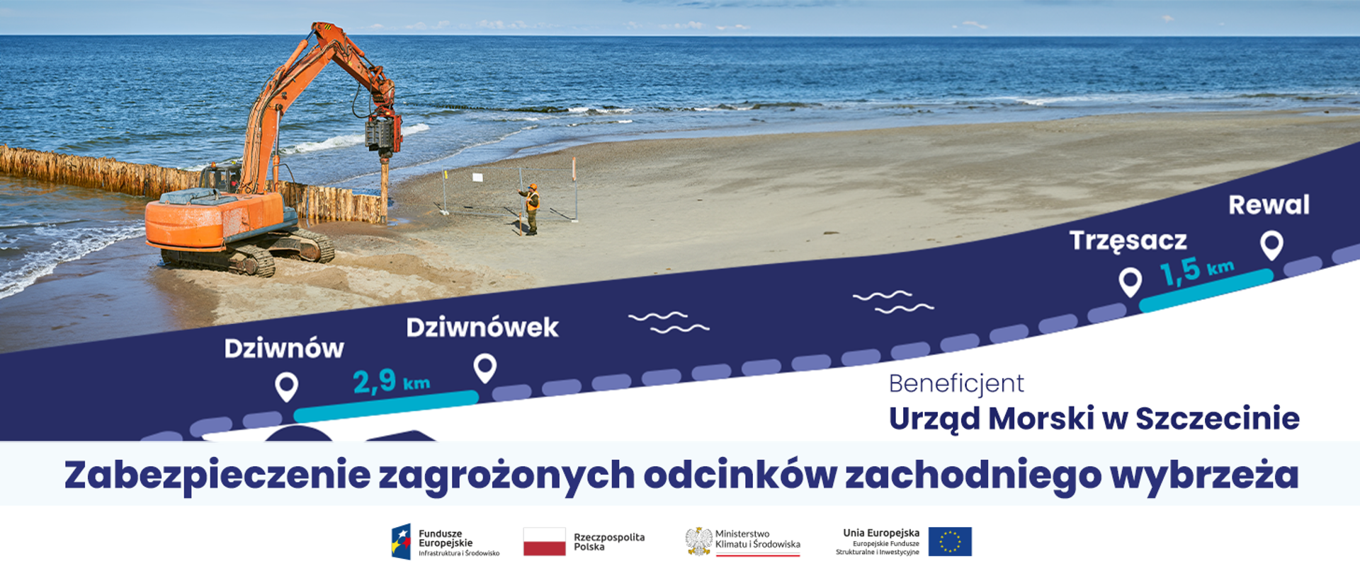 Grafika projektowa. W górnej części pracująca koparka na brzegu nadmorskiej plaży, morze, człowiek koordynujący pracę. W dolnej części nazwa beneficjenta, nazwa projektu, logotypy.