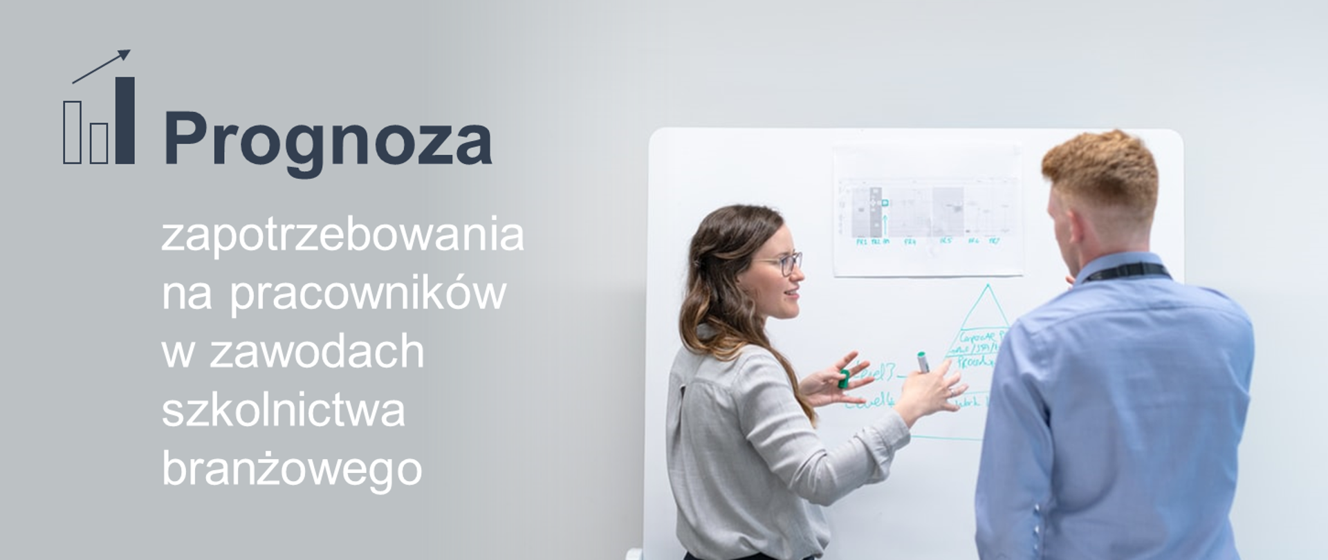 Dwoje ludzi, kobieta i mężczyzna stojących przy białej tablicy z notatkami i wykresami. Kobieta trzyma w ręku zielony flamaster. Po lewej stronie grafiki ikonka wykresu i napis Prognoza zapotrzebowania na pracowników w zawodach szkolnictwa branżowego. 
